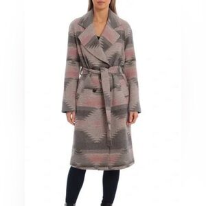 Avec Les Filles Aztec Print Belted Wool Blend Long Coat Medium Neutral